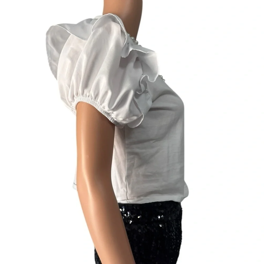 Zara White Cropped Puff Sleeve Ruffled Blouse- Size Medium
